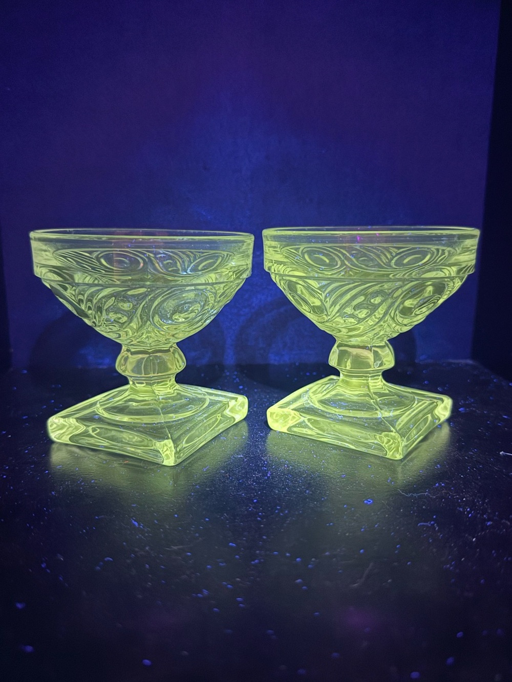 Vintage UV Reactive HEISEY Ipswich Low Sherbet Clear Glasses, 2 Pc, Circa 1935
